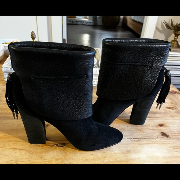 Sigerson Morrison Black Leather/Suede Fringe Booties with Metal Feathers Size 7 - Picture 6 of 11